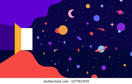 Open door with universe dreams, optimistic theme Follow your Dreams. Modern flat illustration. Banner for home, business and dreams theme. Colorful contemporary art style. Vector Illustration