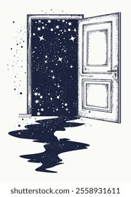 Open door in universe and space river, tattoo. Symbol of imagination, creative idea and motivation, new life. Surreal art