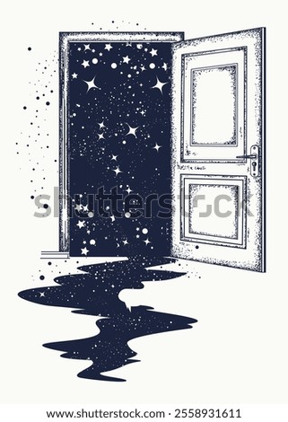 Open door in universe and space river, tattoo. Symbol of imagination, creative idea and motivation, new life. Surreal art