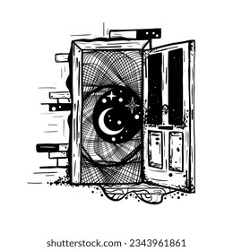 Open door in universe tattoo art style illustration. Symbol of imagination, creative idea, motivation, new life. Surreal art.