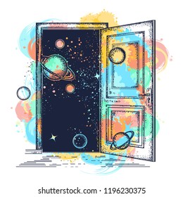 Open Door In Universe Tattoo. Symbol Of Imagination, Creative Idea, Motivation Watercolor Splashes Style 