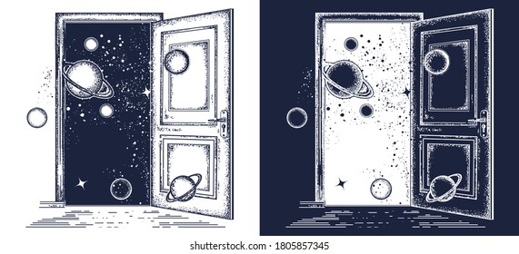 Open door in universe tattoo. Symbol of imagination, creative idea, motivation, new life. Surreal art. Black and white vector graphics 