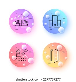 Open Door, University Campus And Sports Arena Minimal Line Icons. 3d Spheres Or Balls Buttons. Lighthouse Icons. For Web, Application, Printing. Entrance, Town Building, Event Stadium. Vector