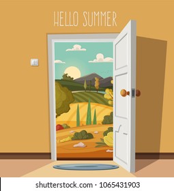 Open door. Valley landscape. Cartoon vector illustration. Vintage poster. Welcome to summer