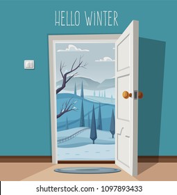 Open door. Valley landscape. Cartoon vector illustration. Vintage poster. Welcome to winter