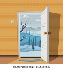 Open door. Valley landscape. Cartoon vector illustration. Vintage poster. Welcome to winter
