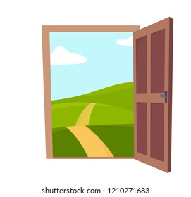 Open door. Valley landscape. Cartoon vector illustration. Vintage poster. Welcome to winter