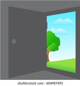 Open door. Valley landscape. Cartoon vector illustration. Vintage poster. Welcome to real world. Retro style