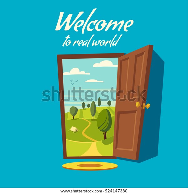 ドアを開ける 谷の風景 カートーンのベクターイラスト ビンテージポスター ようこそ現実の世界へ レトロなスタイル のベクター画像素材 ロイヤリティフリー