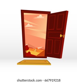 Puerta abierta a un valle con paisaje montañoso al atardecer. Ilustración del vector