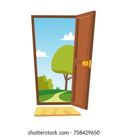 Open Door Vector. Cartoon Landscape. Front View. Flat Isolated Illustration.