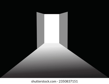 Open door vector icon. Light and shadow from the open door. Entrance on darkness room or office. Vector black background.