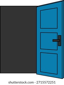 Ilustração do vetor da porta aberta mostrando uma porta azul parcialmente aberta que leva a uma sala escura.