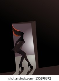Open door. The vector illustration of a young redhead woman standing in a door.