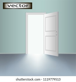 Open door, vector realistic repainted illustration of doorway, exit light outside.