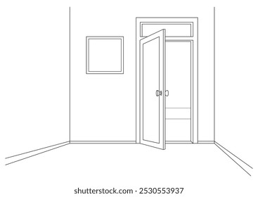 The open door and the view from inside the house. Illustration in outine and vector format.