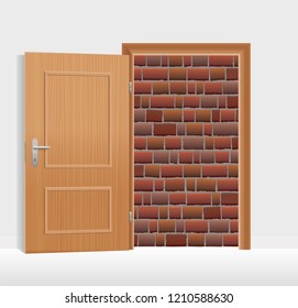Open door, but walled up with bricks. Symbol for being hopeless, trapped, jailed or banished, and for captivity, obstruction, barricade, barrier and blockade.