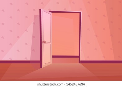 Open door with wallpaper texture. Indoors. Entering the room. Cartoon vector illustration in pink colors. 