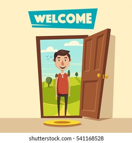 Open door. Welcome. Cartoon vector illustration. Summer landscape. Vintage poster. Guest at the threshold