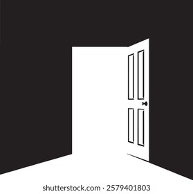 Open door with white light in a dark room. Light enters through the open door. Abstract concept for business, new opportunities, exit, exit, hope, opportunity. Vector illustration