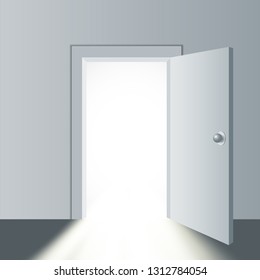 Open door in a white room with the outgoing light. Vector illustration