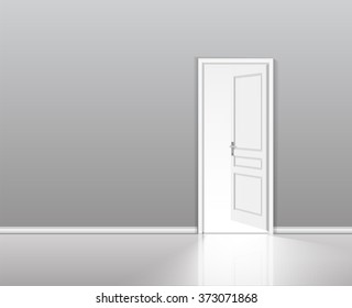 Open door in a white room with the outgoing light. Chromatic image. Vector background