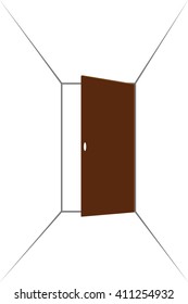 Open door in a white room with the outgoing light. Chromatic image. Vector background