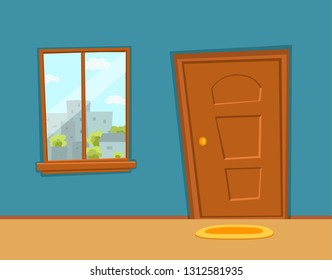 Open door and window cartoon colorful vector illustration with valley summer sun landscape with road, trees green field. House apartment entrance corridor flat design. Home exit interior view freedom 