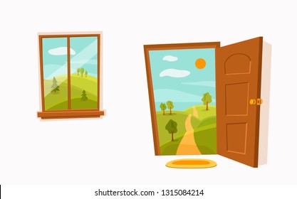 Open door window cartoon colorful vector illustration  valley summer sun landscape with road, trees green field. House apartment entrance corridor flat design. Home exit interior view freedom conc