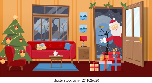 Open door and window overlooking the snow-covered trees. Christmas tree, gifts in boxes and red furniture sofa inside. Santa Claus looks in doorway, brought gifts. Flat cartoon vector illustraton