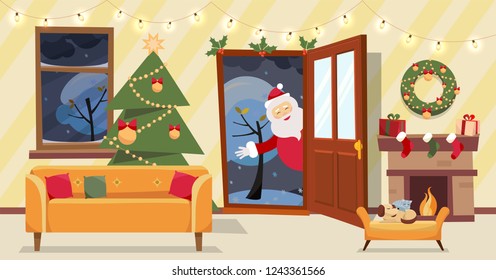 Open door and window overlooking the snow-covered trees. Christmas tree, gifts in boxes and furniture, wreath, fireplace inside. Santa Claus looks in doorway, brought gifts. Flat cartoon vector