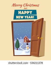 Open door. Winter landscape. Cartoon vector illustration. Merry Christmas and Happy New Year. Vintage poster