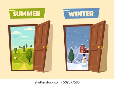 Open door. Winter and summer. Valley landscape. Cartoon vector illustration. Vintage poster. Retro style