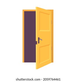 Öffnen Sie die Tür. Gelbe Innentür. Symbol der Verbindung zwischen Welten, Spiritualismus. Icon für Website, Design, Bauapplikation. Vektorflache Illustration, Cartoon-Stil.