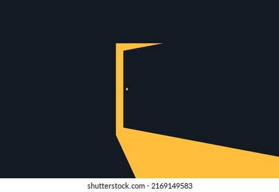 Open door with yellow light in dark room. Light coming in through an open door. Abstract concept for business, new opportunities, coming out, exit, hope, possibilities. Vector illustration