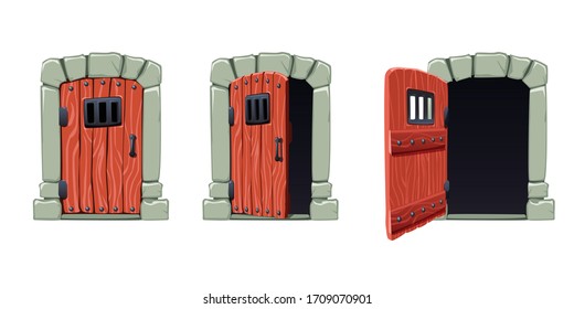 Open doors cartoon set with cell doors isolated vector illustration