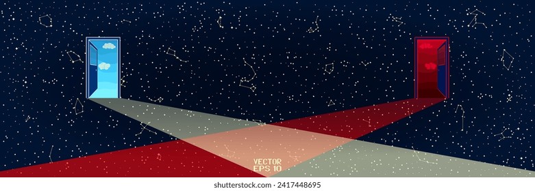 Puertas abiertas al cielo y al infierno aisladas en el fondo del cielo estrellado de la noche. Carreteras que elegimos. Resumen Mapa panorámico del cielo del hemisferio. Vector. Ilustración 3D