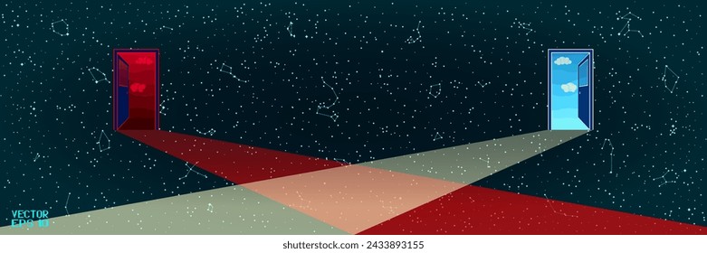 Open Doors to Heaven and to Hell Isolated on Starry Night Sky Background. Roads that We Choose. Abstract Panoramic Sky Map of Hemisphere. Vector. 3D Illustration