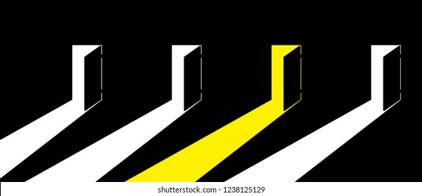 Open doors out of the darkness to the light. Yellow light from one of the doors. Make your choice. Vector illustration.