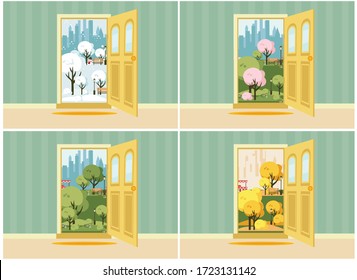 puertas abiertas con las estaciones. ilustración vectorial plana