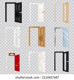 Open doors set, isolated on transparent background. Classical wooden, white, black and glass door. Modern home or room entrance and exit design element. Vector flat cartoon illustration