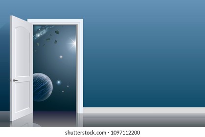 Open doors in space. Room of the space hotel. Concept. Space travel