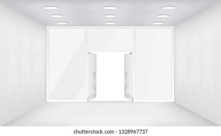 Open doors store interior shop 3d empty space light realistic windows space template mockup background vector illustration