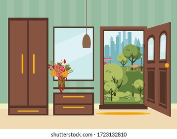 open doors with summer landscape. flat vector illustration