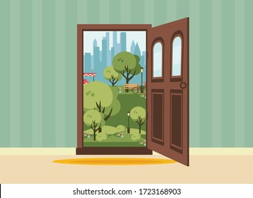 open doors with summer landscape. flat vector illustration