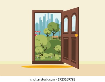 open doors with summer landscape. flat vector illustration