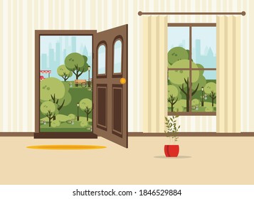open doors with summer landscape. flat vector illustration