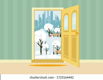 open doors with winter landscape. flat vector illustration