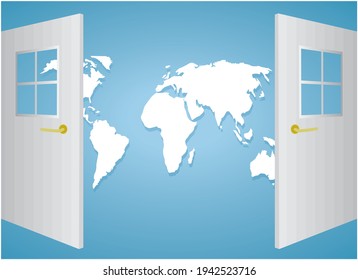 Open doors to the world. Copy space in top and bottom. Vector illustration.