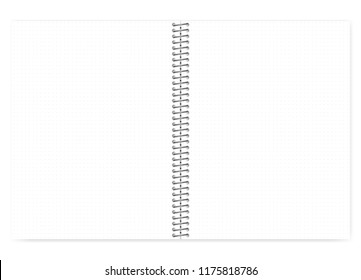 Open dot grid wire bound notebook with metal spiral, realistic vector mock up. Loose leaf letter format notepad spread, template